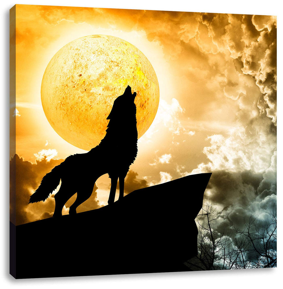Wolf heult den Mond an, Format: 70x70 auf Leinwand, XXL riesige Bilder fertig gerahmt mit Keilrahmen