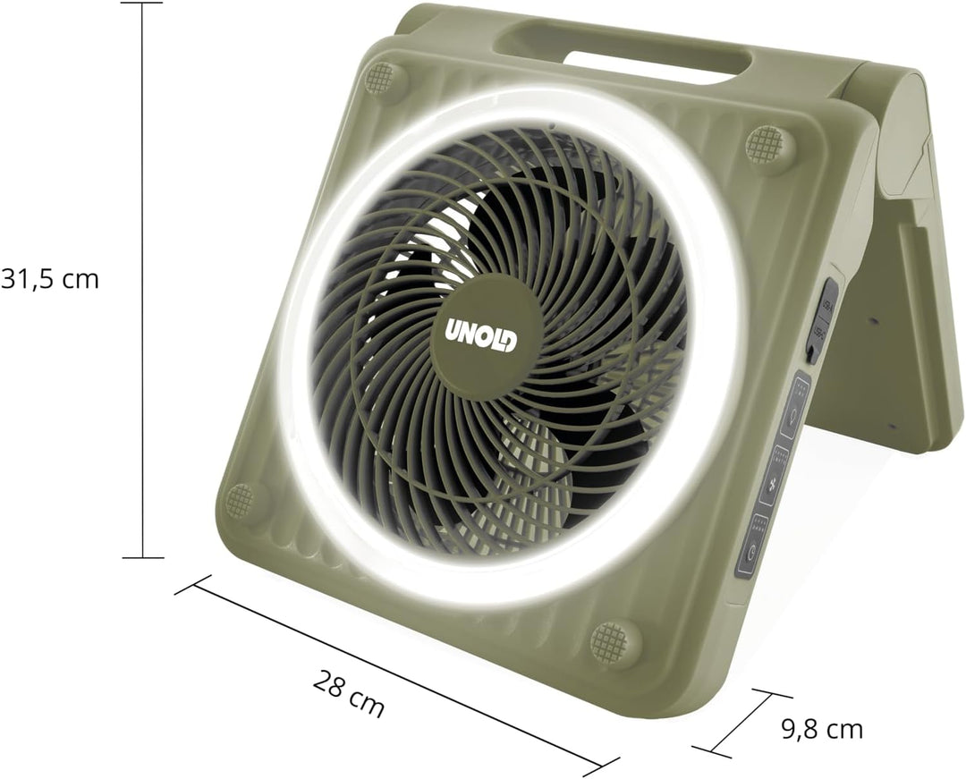 Unold 86516 Standventilator – Solarventilator für Camping | Akku-Solar-Ventilator mit LED-Beleuchtun