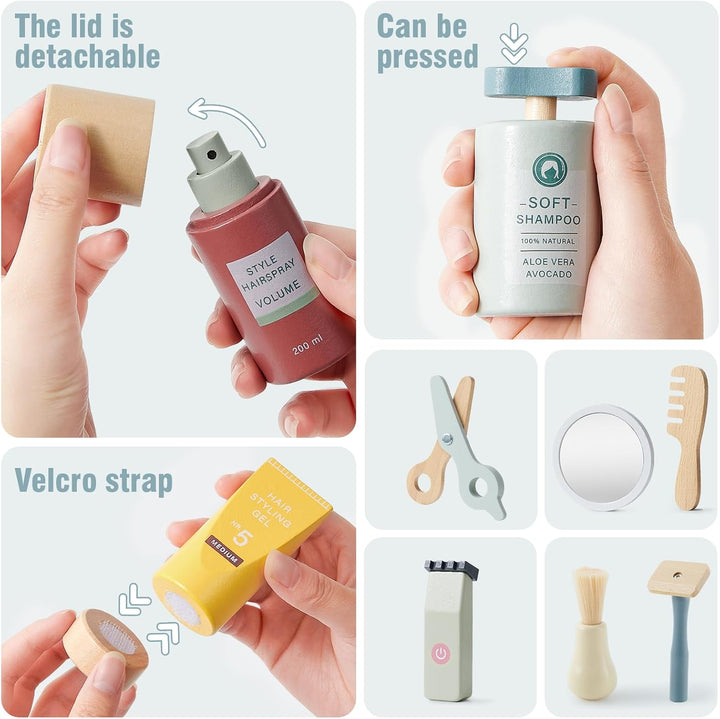 Holz Friseur Set Kinder mit Haartrockner Glätteisen Kamm Haarstyling Rasierzubehör Salon Friseur Zub