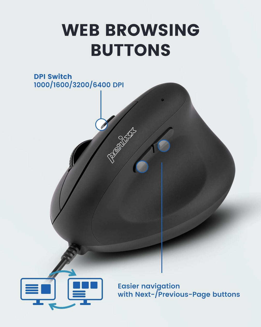 Perixx PERIMICE-508 Programmierbare Ergonomische Maus -Vertikal - Schnurgebunden - 1000/1600 dpi - I