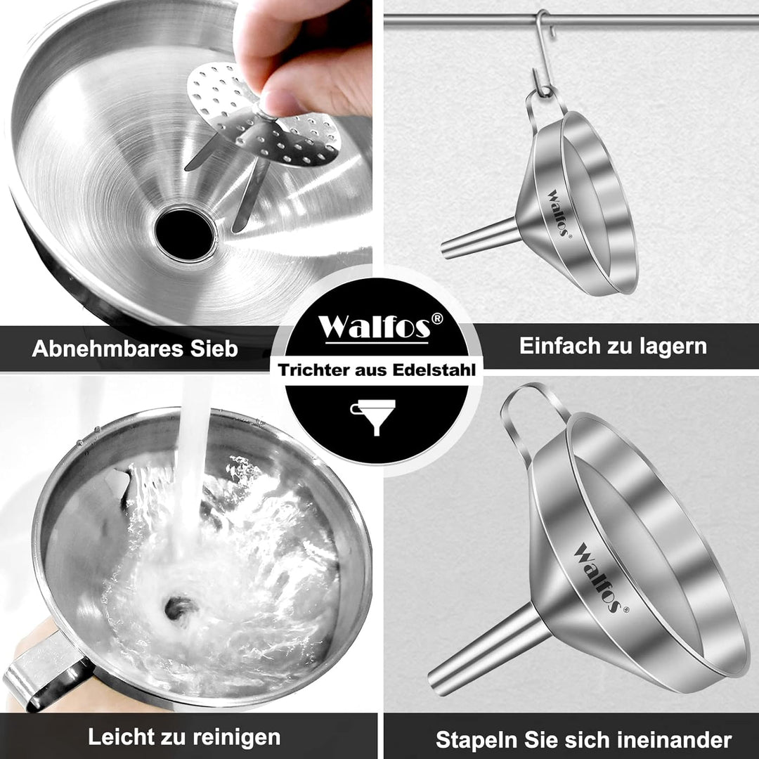 Walfos Trichter Set aus Edelstahl mit 2 abnehmbaren Siebfilter zum Übertragen Flüssigkeit, Speiseöle