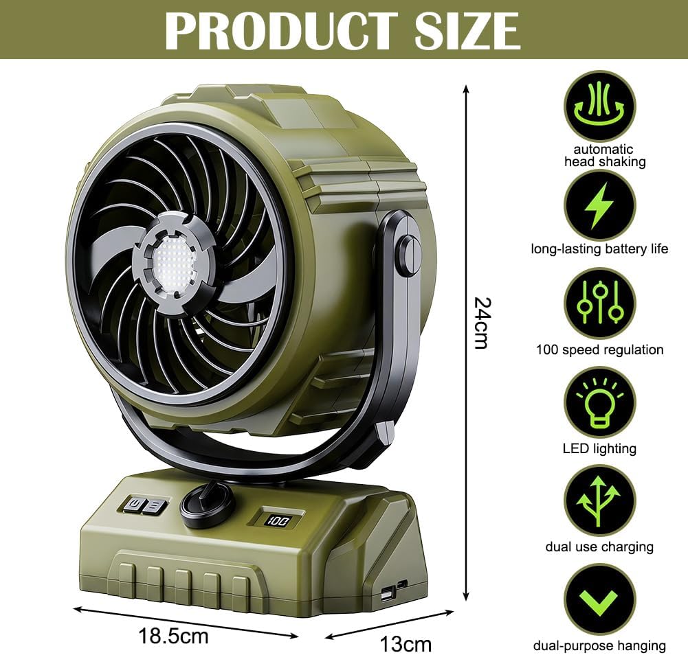Camping Ventilator, Akku Ventilator mit Fernbedienung/LED Licht/270° Drehung, Tischventilator mit Ha