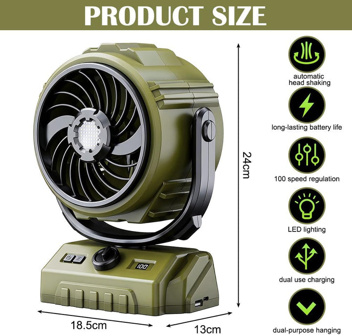 Camping Ventilator, Akku Ventilator mit Fernbedienung/LED Licht/270° Drehung, Tischventilator mit Ha