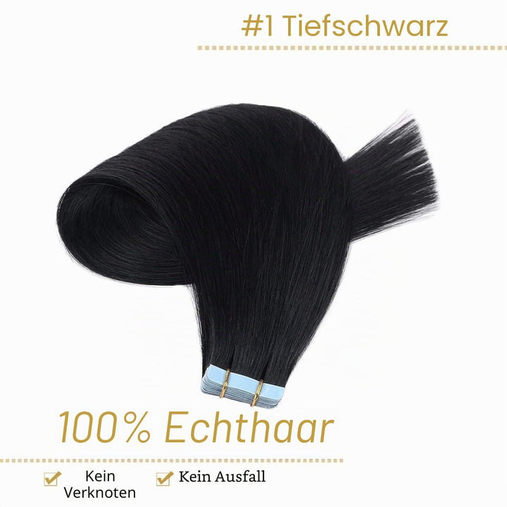 YILITE Tape Extensions Echthaar, Jet Black 45cm 20 Stück/Packung 50g Tape in Extensions Echthaar Inv