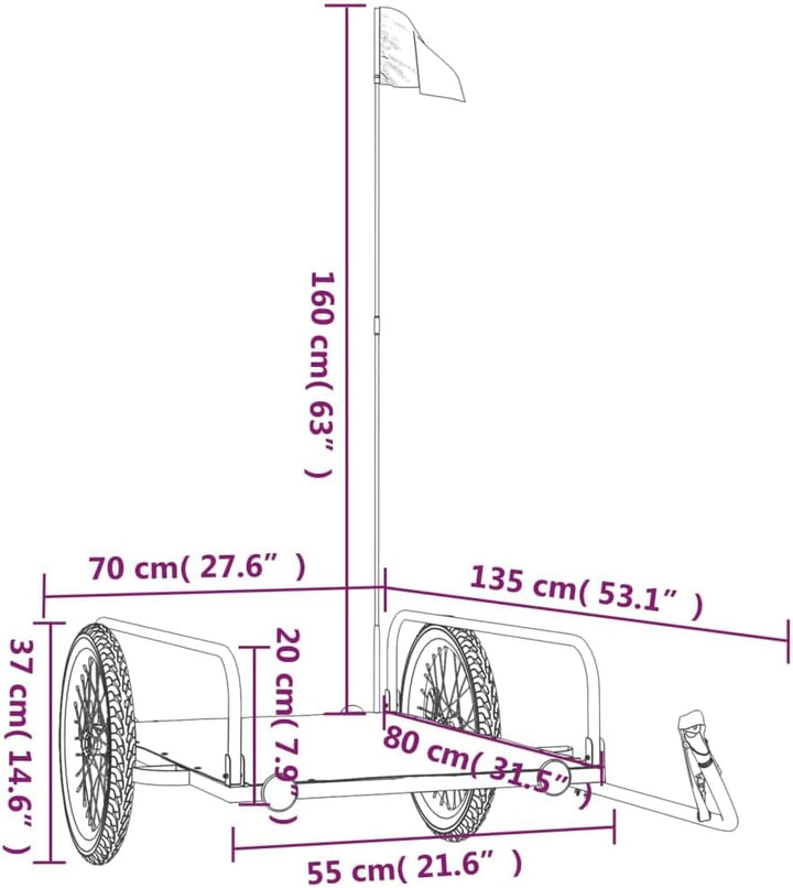 Fahrradanhänger Schwarz 135x70x Eisen für Lastentransport mit, klappbar, gefedert, mit Kupplung, Sic