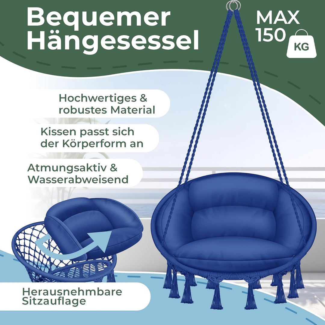 KESSER® Hängesessel 150kg mit 2 Stahlringe Sitzpolster geflochten Fransen Hängestuhl Hängekorb Schau