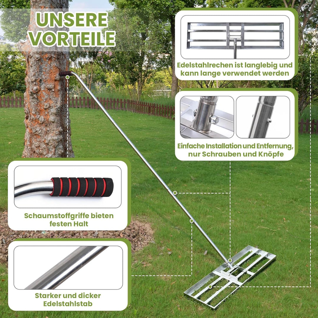 Rasen Rakel Edelstahl 72x25 cm Rakel Rasen nivellierrechen mit 2.15 Meter Verstellbarer Stiel für Ho