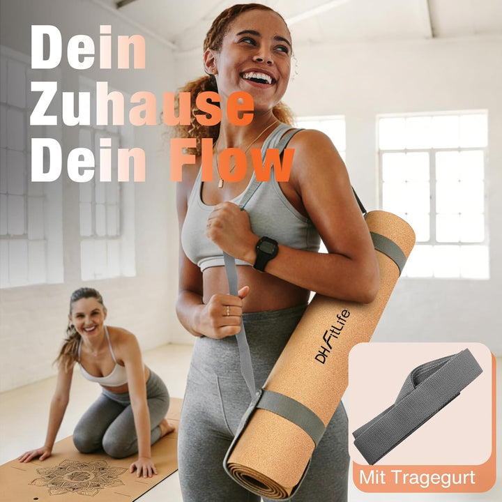 DH FitLife Kork Yogamatte rutschfest aus Naturkautschuk | sofort einsatzbereit | Leicht zu reinigen