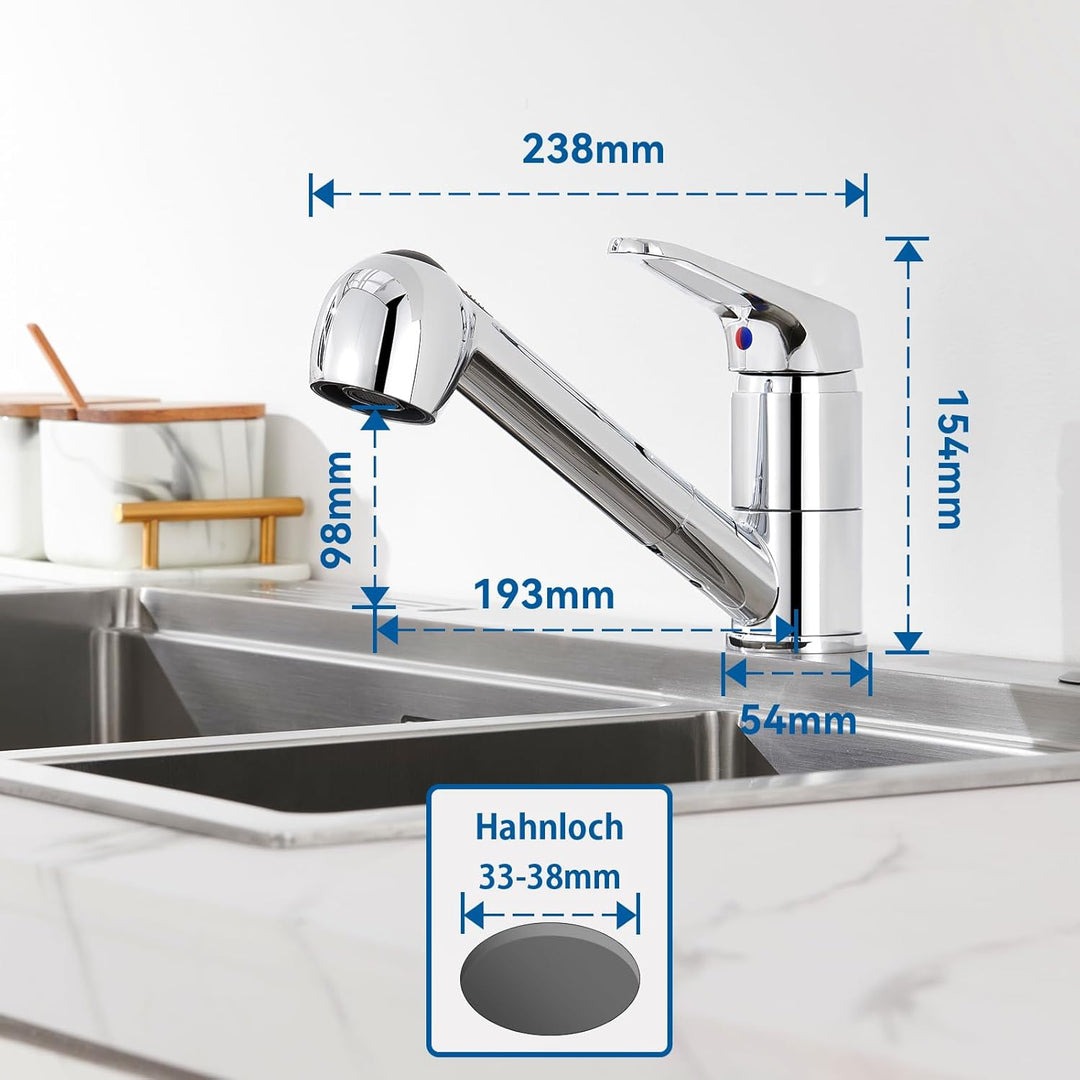 Auralum Niederdruck Armatur Küche, Wasserhahn Küche Ausziehbar, Küchenarmatur Niederdruck mit Brause