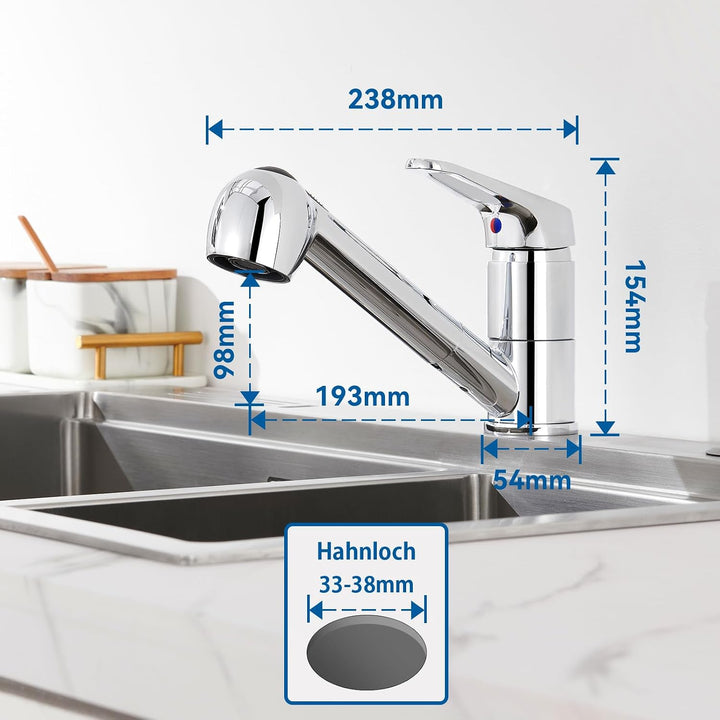 Auralum Niederdruck Armatur Küche, Wasserhahn Küche Ausziehbar, Küchenarmatur Niederdruck mit Brause