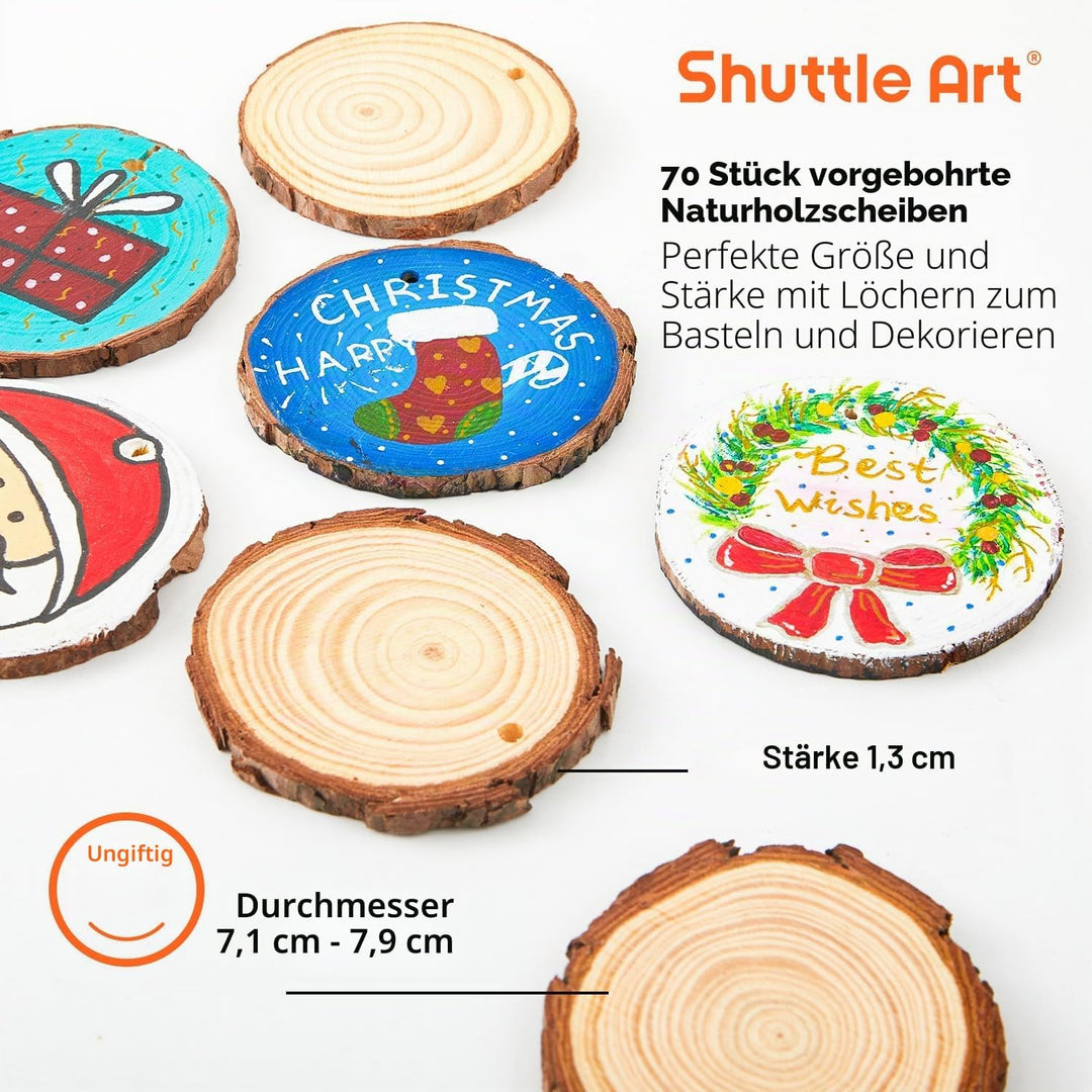 Shuttle Art Holzscheiben zum Basteln, 70 Stück 7-8cm vorgebohrte Baumscheiben mit Loch, Naturholzsch