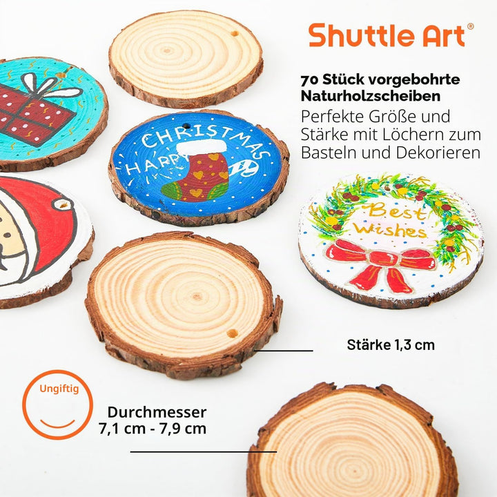 Shuttle Art Holzscheiben zum Basteln, 70 Stück 7-8cm vorgebohrte Baumscheiben mit Loch, Naturholzsch