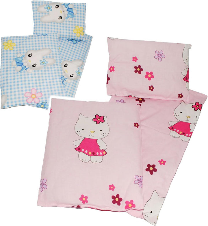 4 TLG. Set: Puppendecke & Kissen - mit Unterlage & Schmusepuppe - Mädchen mit rosa Kleid - aus 100%