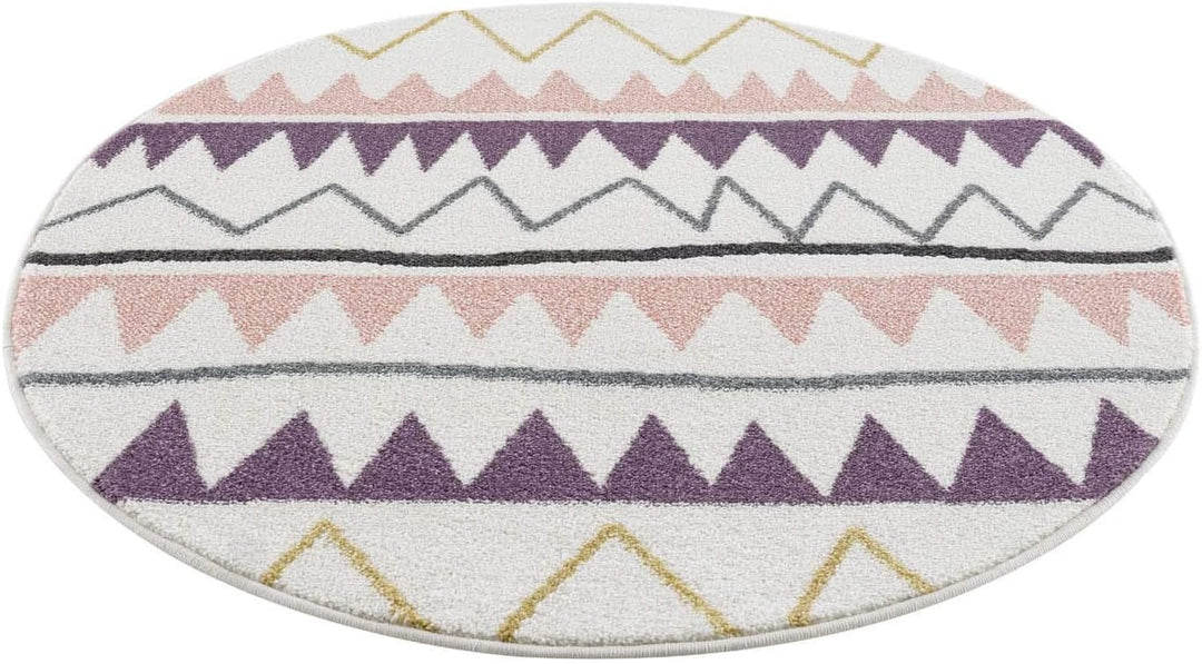 carpet city Kinderteppich - Zickzack-Motiv 120 cm Rund Creme Rosa - Kinderzimmer Teppich Modern Mädc