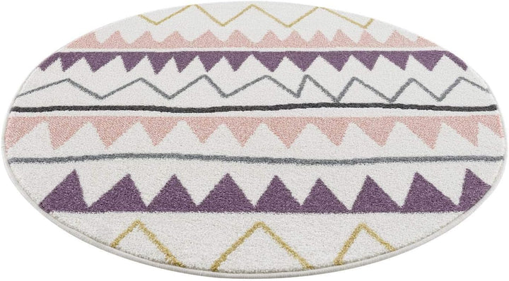 carpet city Kinderteppich - Zickzack-Motiv 120 cm Rund Creme Rosa - Kinderzimmer Teppich Modern Mädc