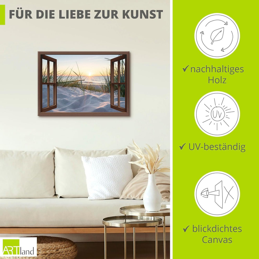 ARTland Leinwandbilder Wandbild Bild Leinwand 100x70 cm Fensterblick Strand Meer Sand Ostsee Dünen S