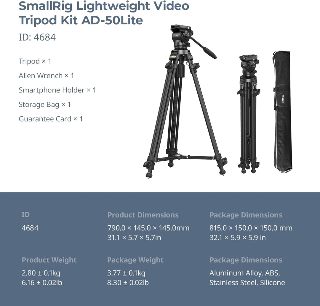 SMALLRIG 62" Videostativ mit 360° Fluidkopf, leichtes Kamerastativ aus Aluminiumlegierung mit QR-Pla