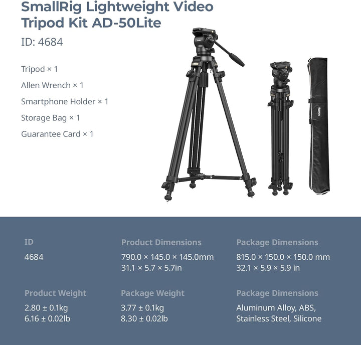 SMALLRIG 62" Videostativ mit 360° Fluidkopf, leichtes Kamerastativ aus Aluminiumlegierung mit QR-Pla