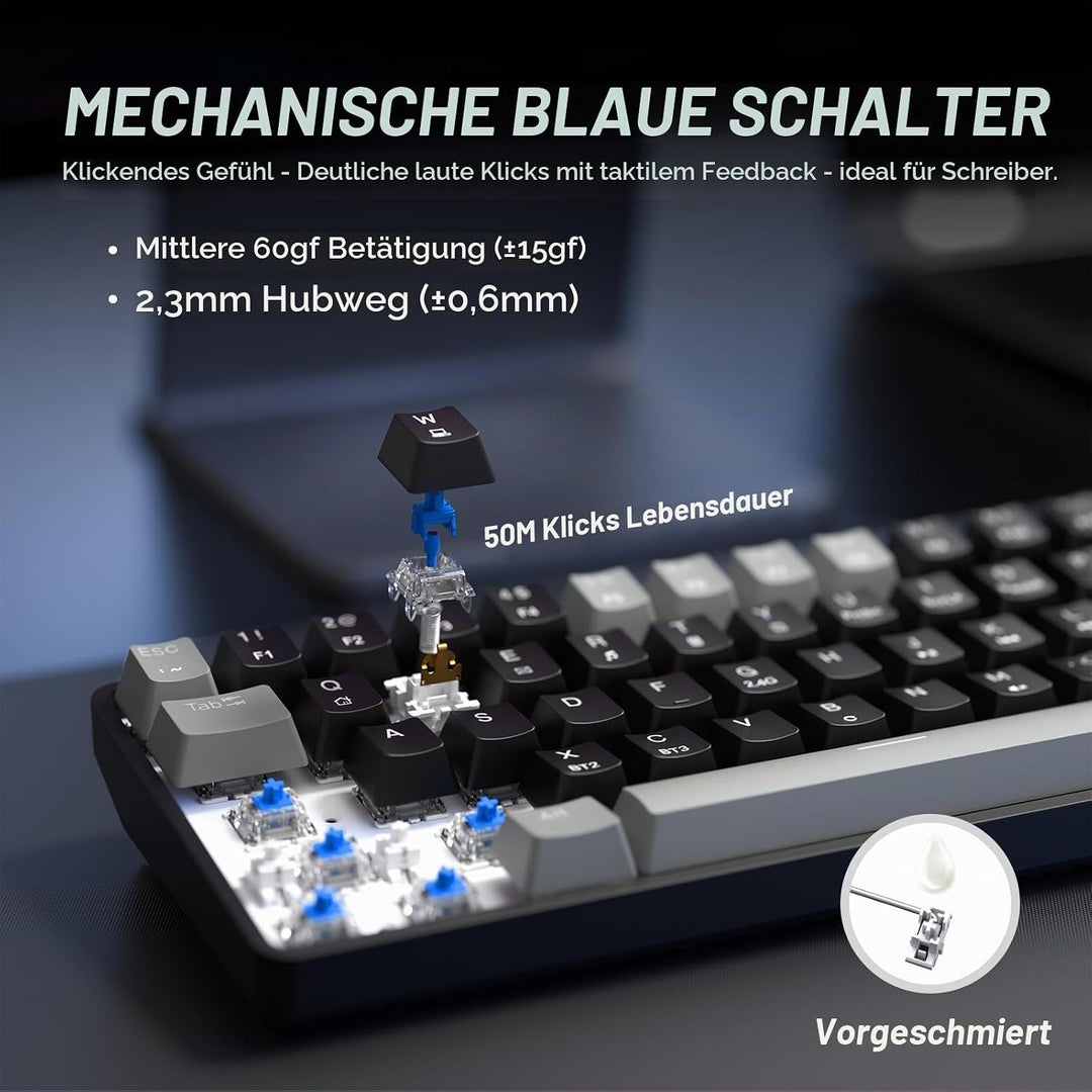 Dierya DK68 Kabellose Gaming Tastatur Bluetooth/2.4GHz/USB-C,68 Tasten RGB Beleuchtung Mechanische T