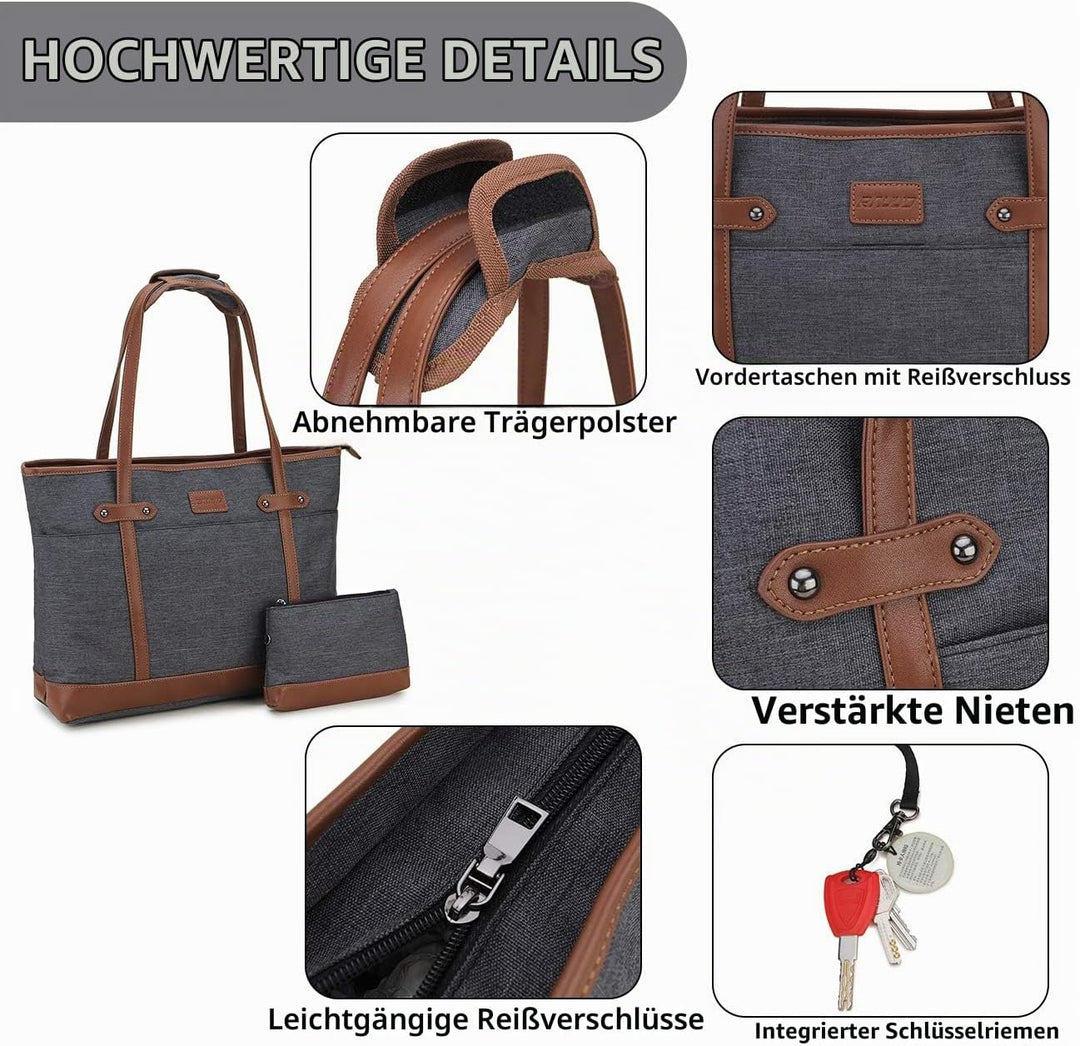 RAVUO Laptoptasche Damen, Wasserdichte Handtasche Elegant Lehrertasche Gross Aktentasche 15.6 zoll L