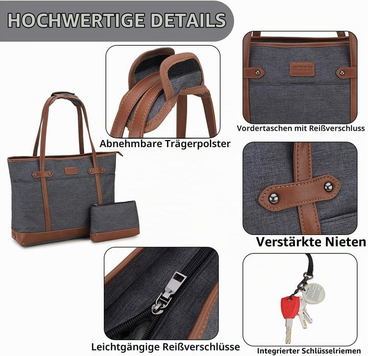RAVUO Laptoptasche Damen, Wasserdichte Handtasche Elegant Lehrertasche Gross Aktentasche 15.6 zoll L