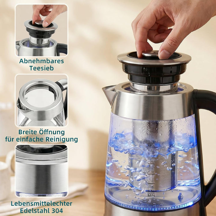 HOMCOM Elektrischer Wasserkocher, 1,7L Schnellkochender 2200W Wasserkocher mit UK Strix Thermostat,