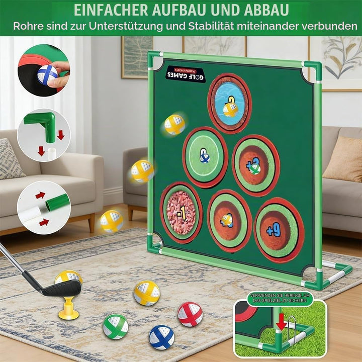 Golf Spielset für Zuhause mit Puttmatte, Klebebällen &amp; Tragetasche – Cornhole-Spiel für Garten, Juge