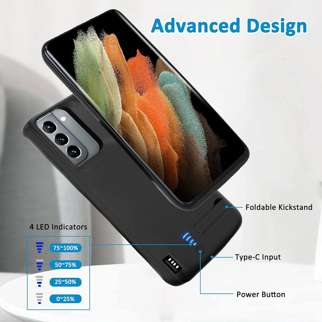 Gladgogo Akku Hülle für Samsung Galaxy S21, [4800 mAh] Battery Case Akkuhülle Mit klappbarem Ständer