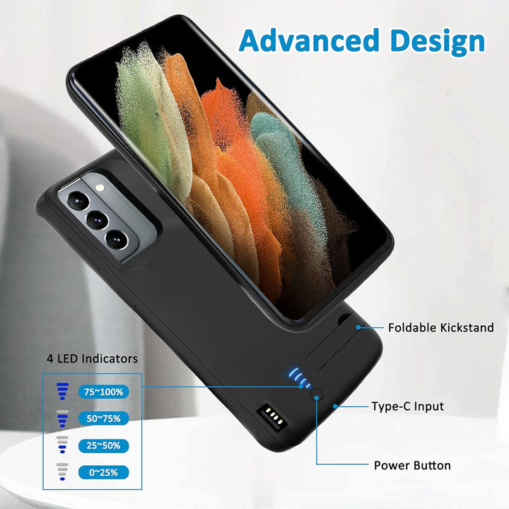 Gladgogo Akku Hülle für Samsung Galaxy S21, [4800 mAh] Battery Case Akkuhülle Mit klappbarem Ständer