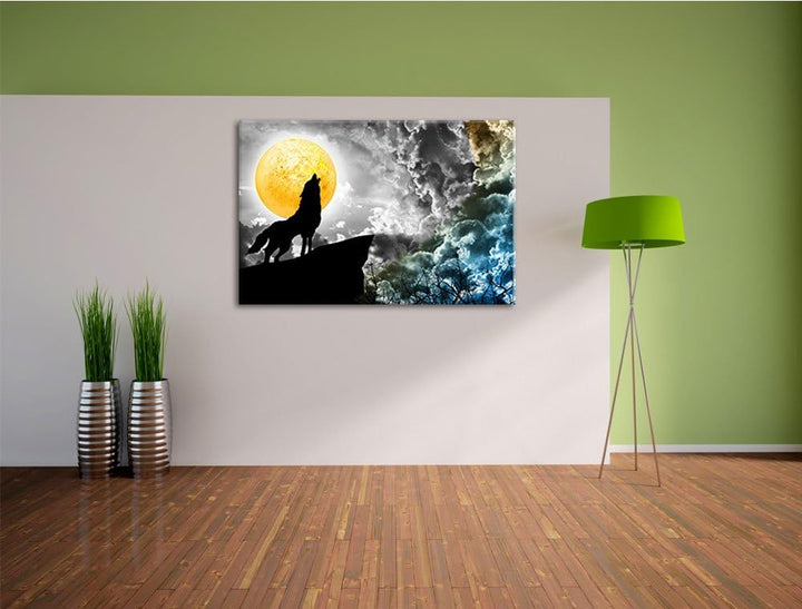 Dark Mystischer Wolf im Vollmond schwarz/weiss Format: 100x70 cm auf Leinwand, XXL riesige Bilder fe
