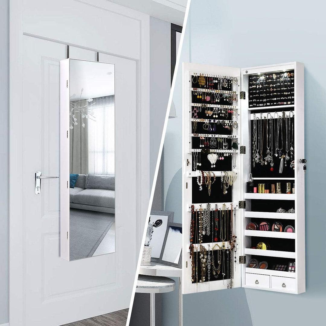 DREAMADE Schmuckschrank Spiegelschrank mit LED-Beleuchtung, LED Spiegelschrank Wandmontierend, Stand