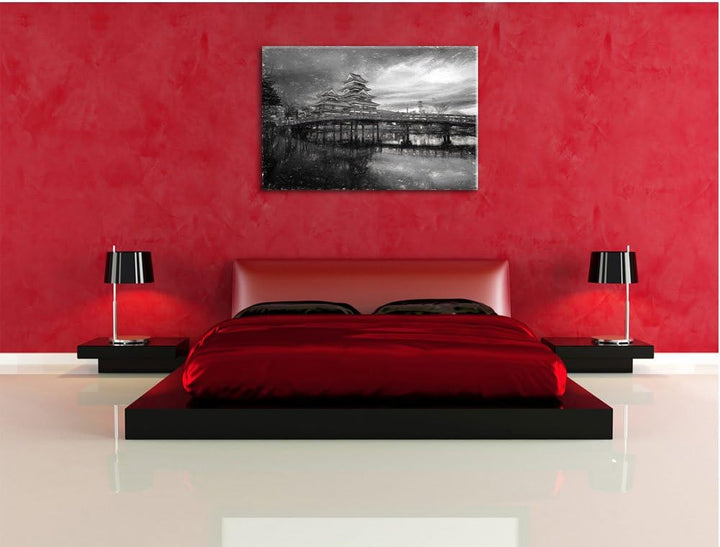 Pixxprint asiatischer Tempel an See als Leinwandbild/Grösse: 100x70 cm/Wandbild/Kunstdruck/fertig be