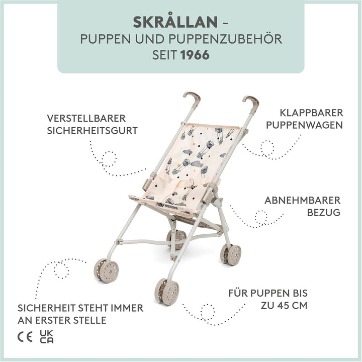 Skrållan Puppenbuggy ab 3 Jahre - 53cm grosser Klappbuggy mit Sicherheitsgurt und waschbarem Bezug -