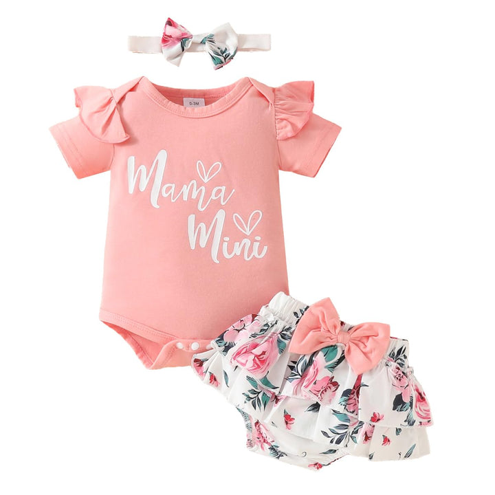 Neugeborene Baby Mädchen Sommer Outfit Rüschen Kurzarm Top+ Bowknot Bloomers Tutu Rock Shorts+ Stirn