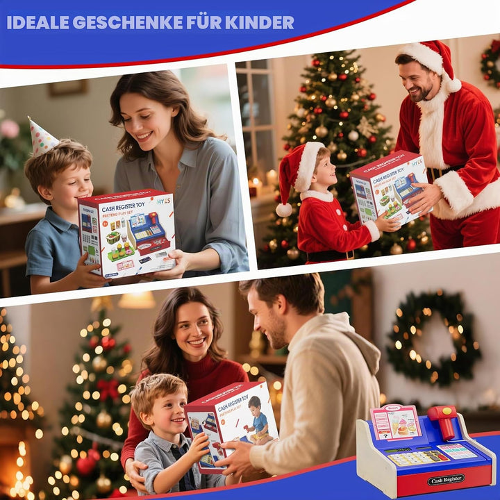 Kinder Kasse Holzkasse mit Sound, Spielkasse Kaufladen Spielzeug mit Spielgeld/Münzen/Kreditkarte/Ei