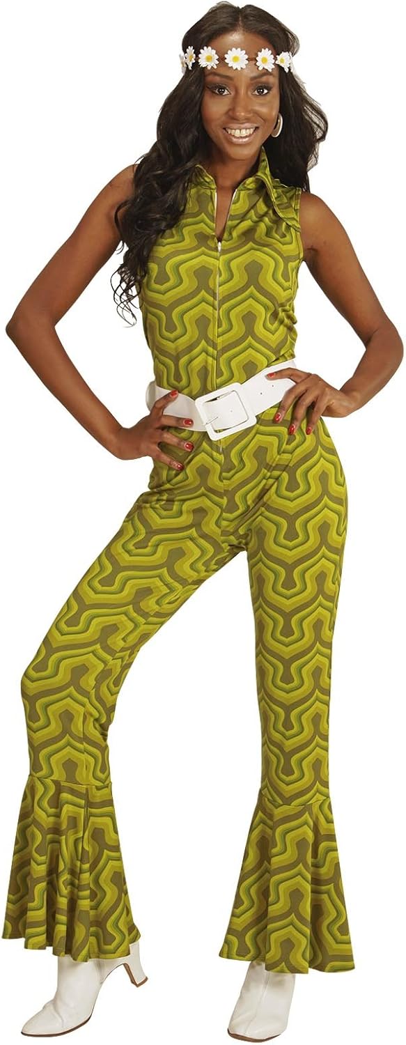 70er Jahre Retro JUMPSUIT mit Tapetenmuster Grün Disco Damen Kostüm Overall Siebziger Schlager 70's,