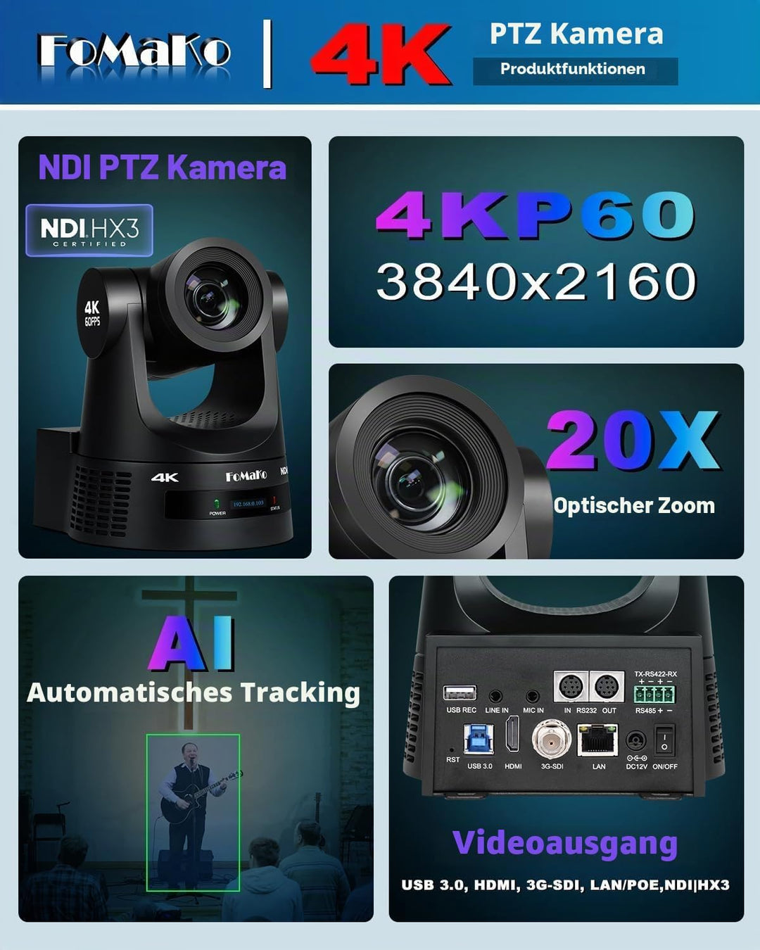 FoMaKo 4K NDI PTZ Set BK203, 4K 60fps NDI HX3 20x Optischer Zoom KI-Auto-Tracking, mit 3G-SDI/HDMI/U