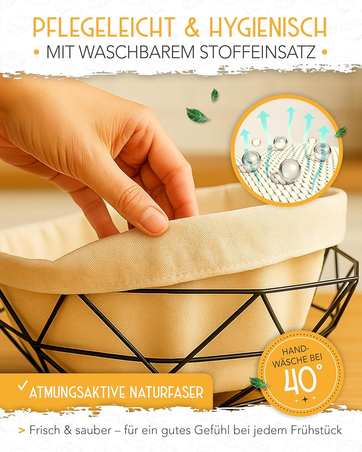 KRUSTENZAUBER Brotkorb modern mit Metallgestell - Waschbares Brotkörbchen für Brot & Brötchen - 20cm