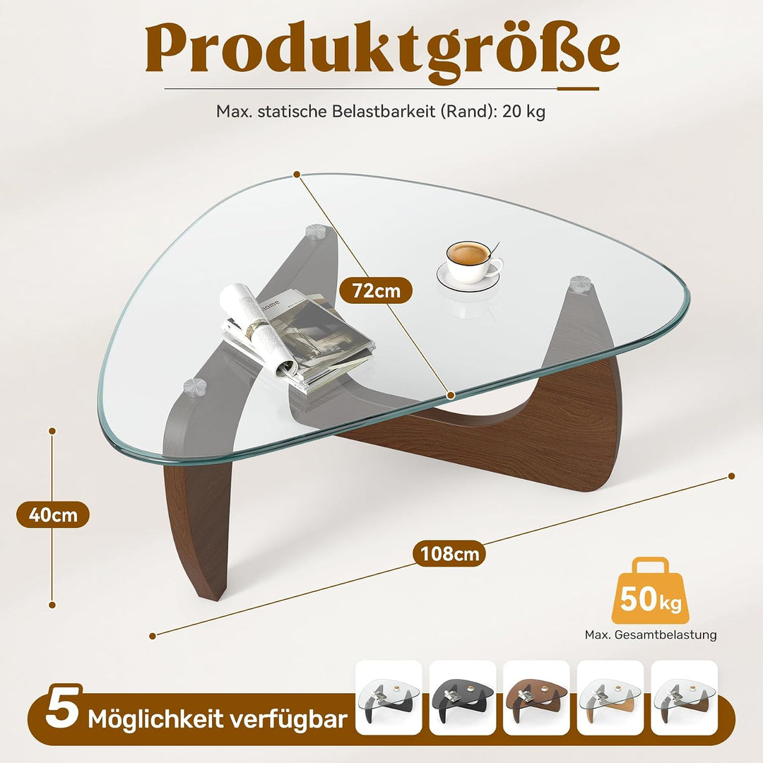 Dreieckiger Beistelltisch, Couchtisch Glas Transparent, Grosser Wohnzimmertisch Mid-Century, MDF Hol