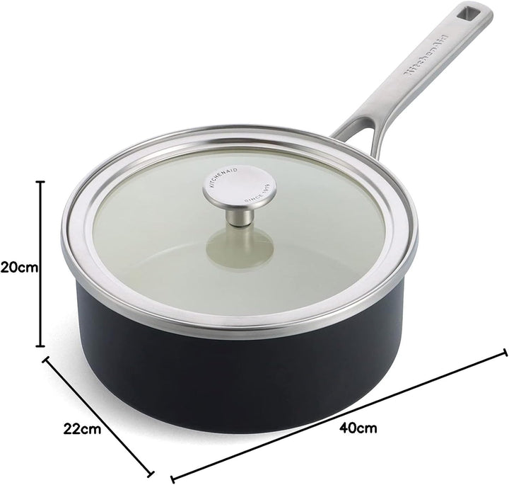 KitchenAid Steel Core Enamel Stielkasserolle mit Deckel (20cm/2,4l), deutsche Emaille, Induktionsgee