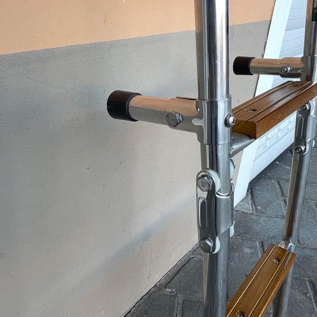 Saarwebstore Badeleiter Edelstahl mit Teak Stufen klappbar Heckmontage Bootsleiter Boot Grösse 2+2,