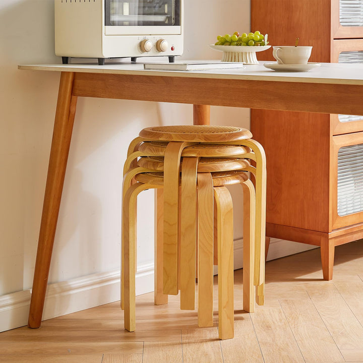 IBUYKE Oberfläche des Rattanstuhls 4er Set Esszimmerhocker, Holzstapelstuhl mit Rutschfester Matte,