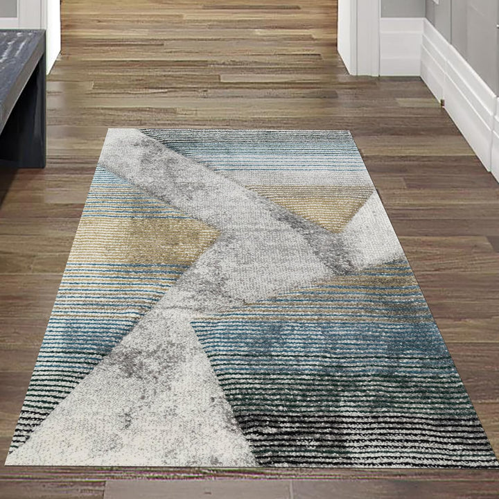moderner Wohnzimmerteppich abstraktes Muster gestreift grau blau Gold - pflegeleicht Grösse 80x150 c