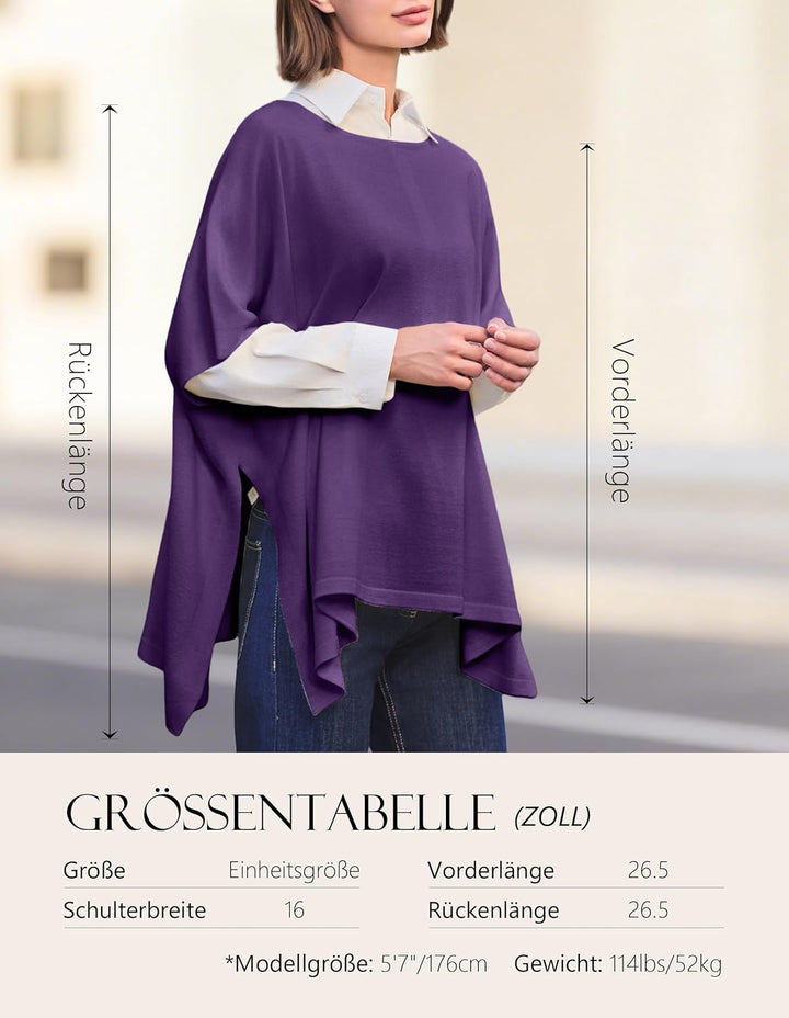 PULI Damen Pullover Poncho Elegant Viskose Strick Locker sitzend Poncho Schal Einheitsgrösse Violett