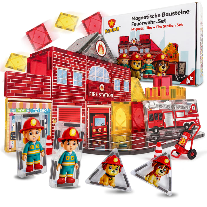 Magnetische Bausteine Feuerwehrstation 70 Teile - Magnetbausteine & Magnetspiel mit integrierten Fig