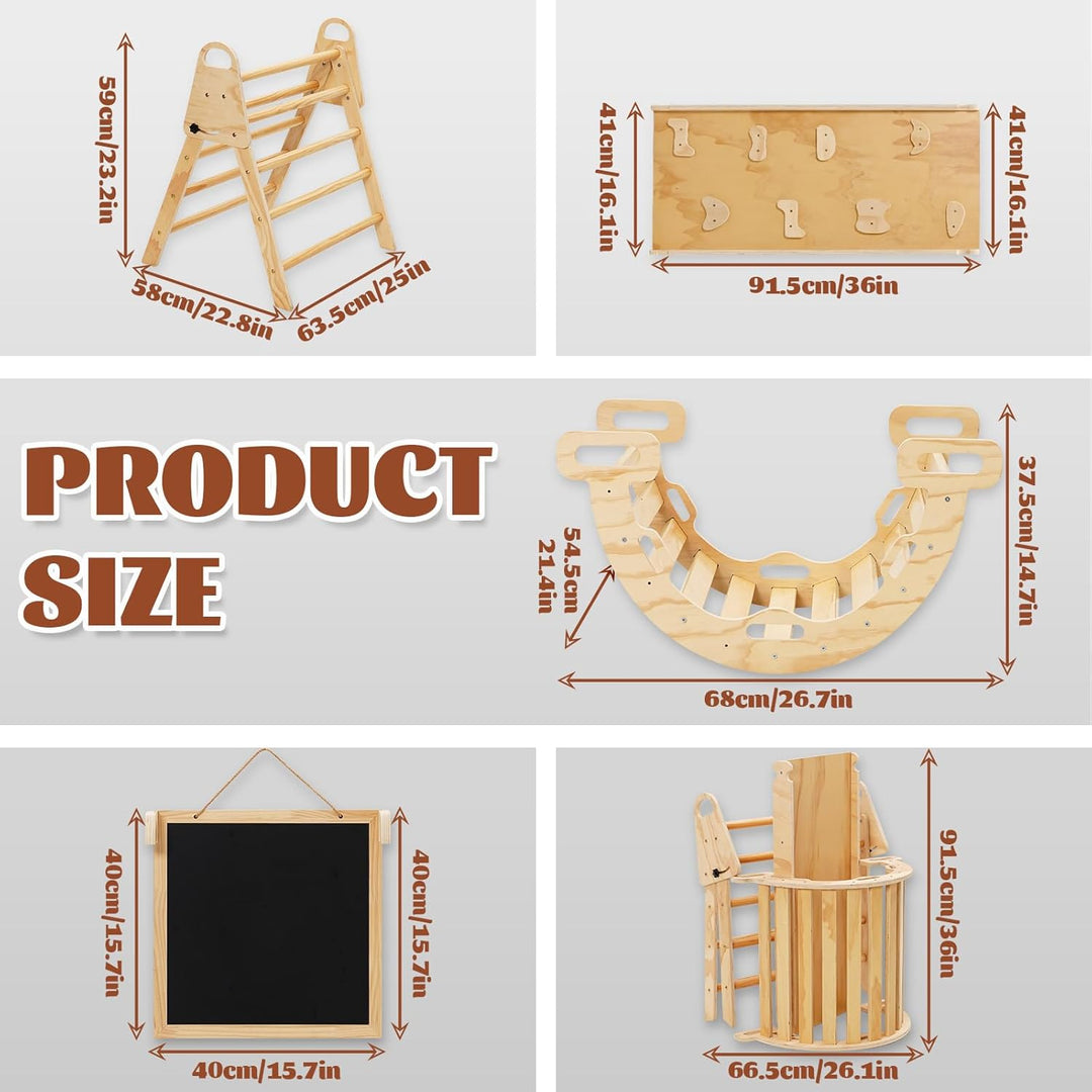 6in1 Montessori Klettergerüst, Klettern Kinder Indoor mit Kletterbogen, Rutsche und Mini Kinder Malt