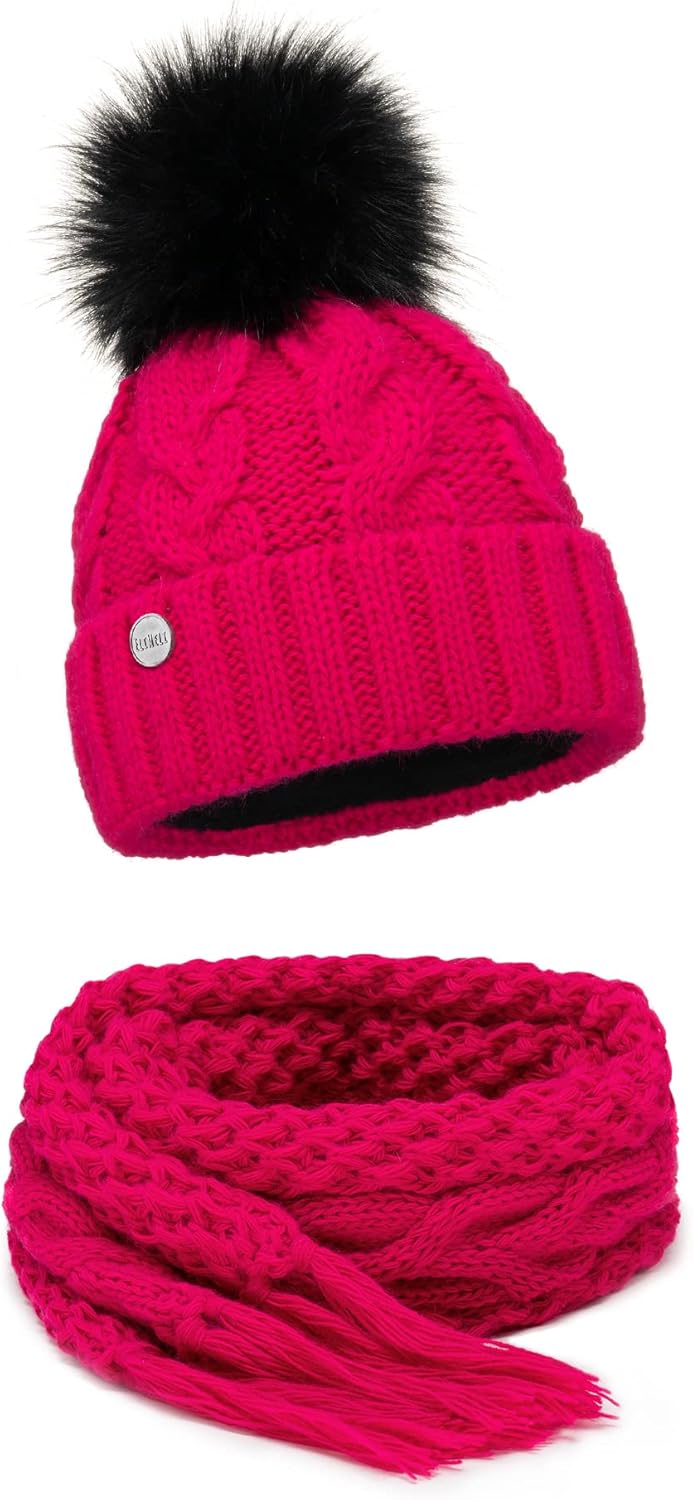 ELIMELI® Winter Mütze Damenmütze mit Fell-Bommel Fleece Innenfutter gefüttert - warme Damen Bommelmü