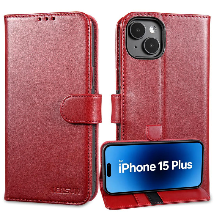 LENSUN Echtleder Hülle für iPhone 15 Plus, Handyhülle [Echtes Leder][Magnetverschluss][Kartenfach] H