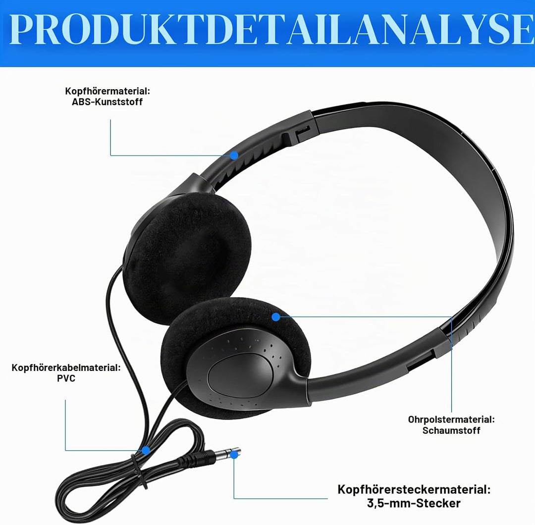 Kopfhörer mit 3.5 mm Klinkenanschluss, 10 Pack kopfhörer schule, Lautstärke Verstellbar On-Ear Heads