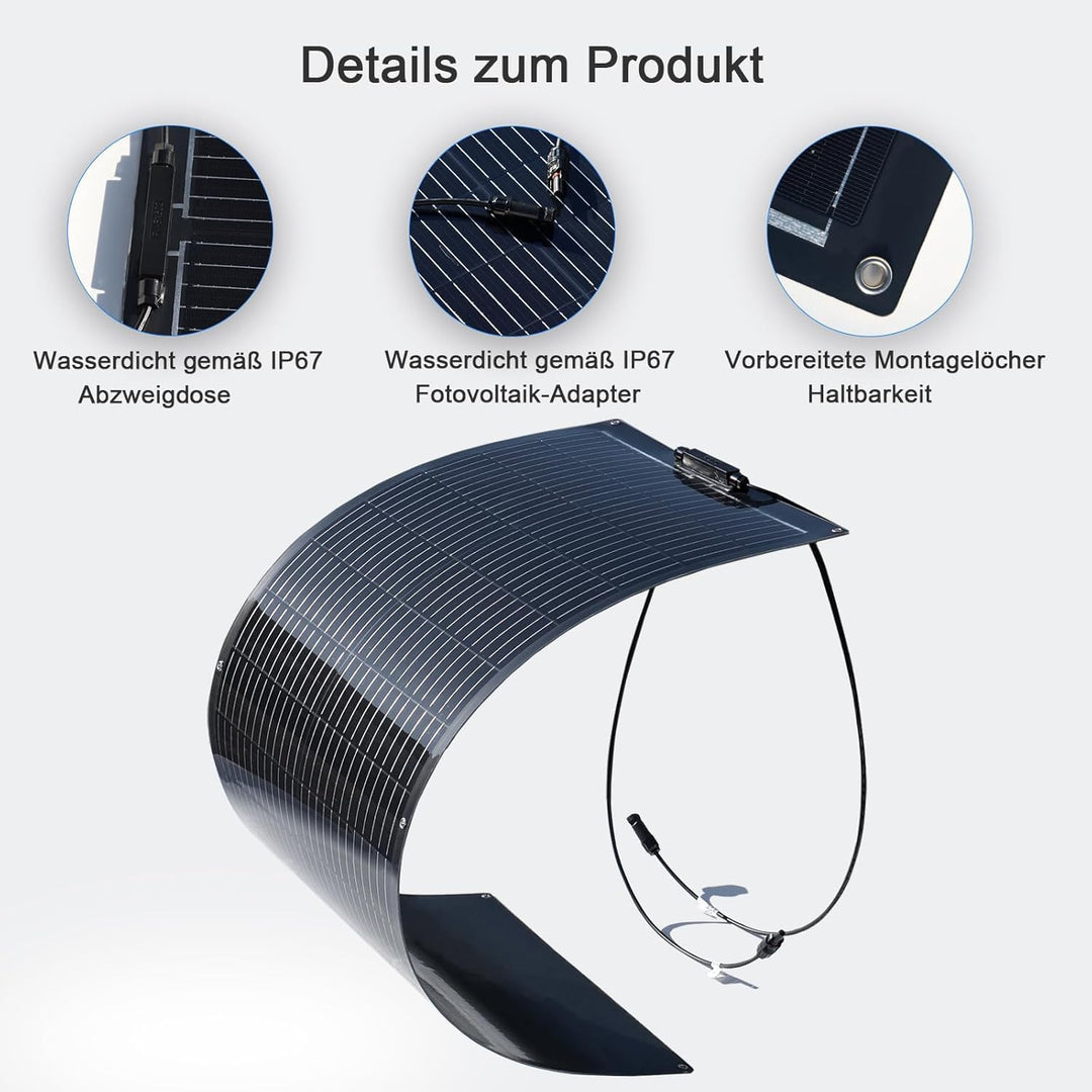 Solarpanel Flexibel 200W 12V, Flexibles Solarpanel Schmal Lang Schwarz, Solarmodul Flexibel Wohnmobi